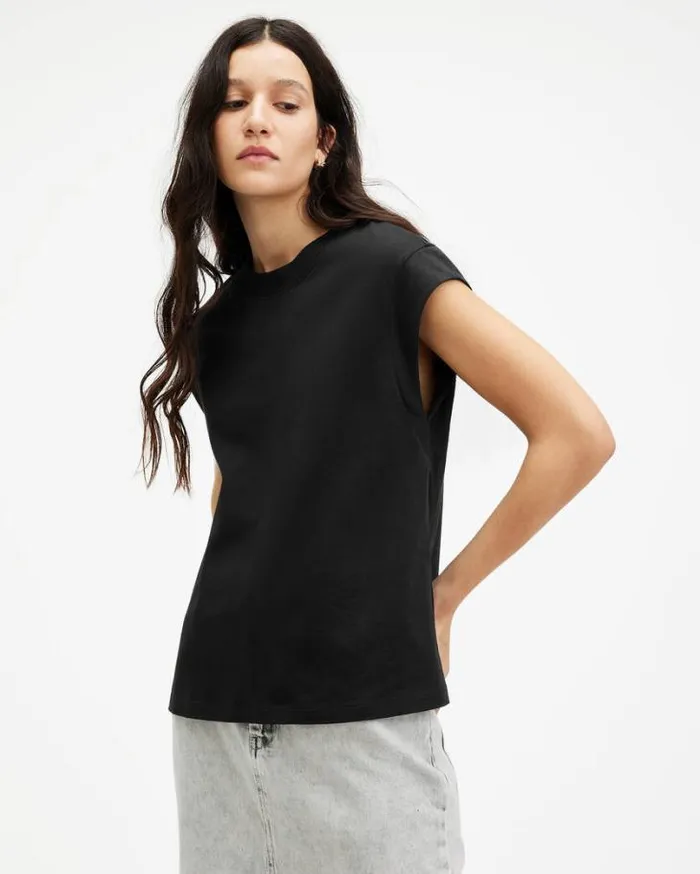 Esme Crew Neck Faced Shoulder TShirt Black Women AllSaints Tops and Shirts