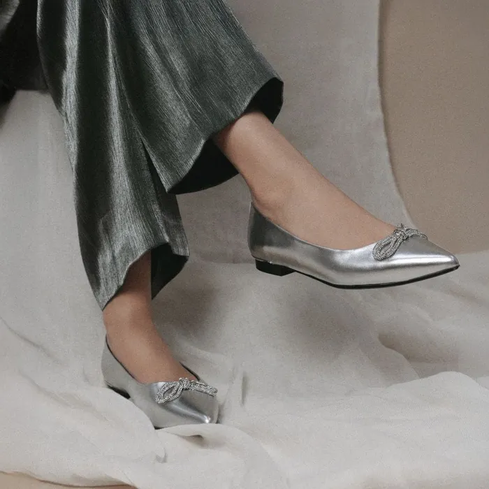 Flat And Ballerina Shoes Women Moda In Pelle Hermionee Silver Metallic Leather