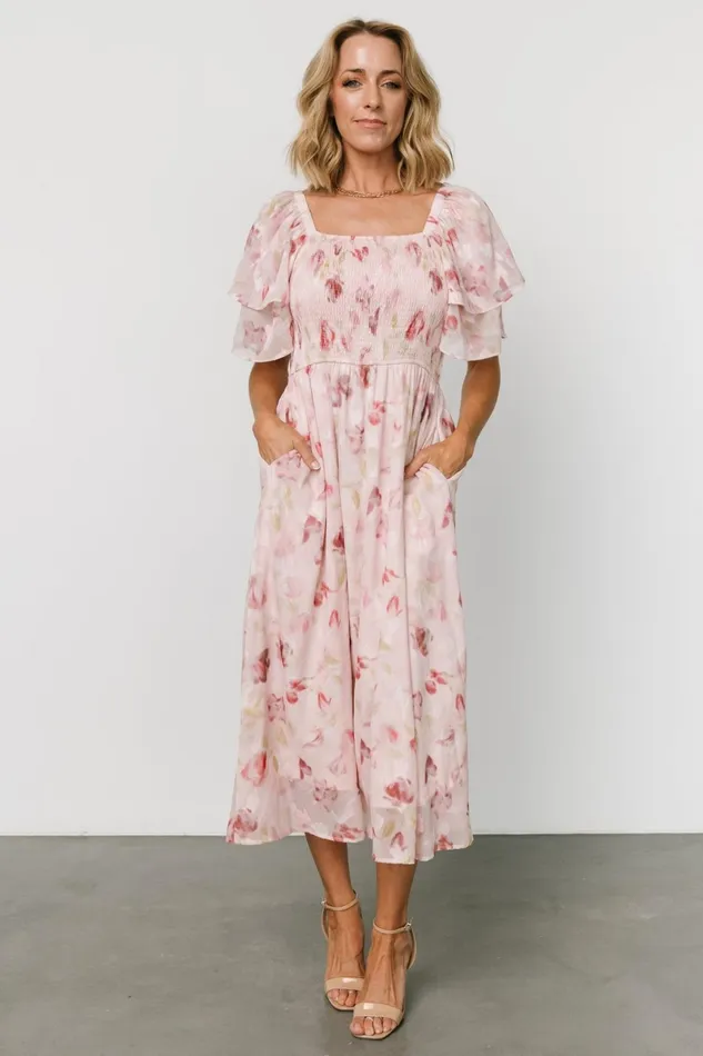 Flora Midi Dress Blush Print Women Baltic Born Midi Dresses Flora Midi Dress Blush Print Women Baltic Born Midi Dresses
