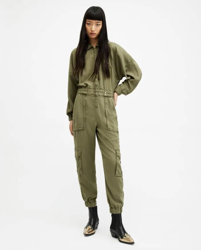 Frieda Relaxed Fit Denim Jumpsuit Khaki Green Women AllSaints Pants and Leggings