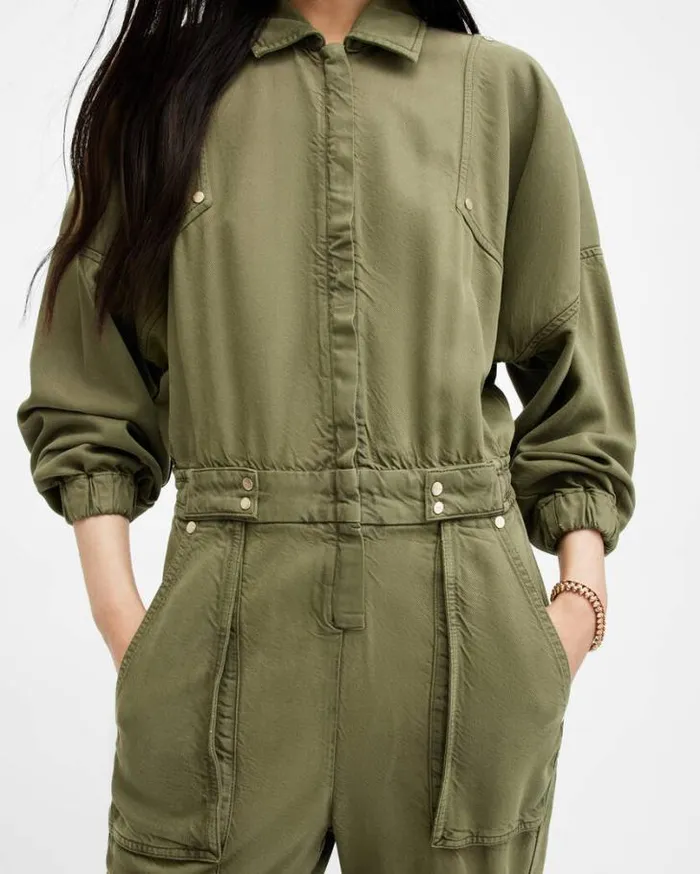 Frieda Relaxed Fit Denim Jumpsuit Khaki Green Women AllSaints Pants and Leggings Frieda Relaxed Fit Denim Jumpsuit Khaki Green Women AllSaints Pants and Leggings