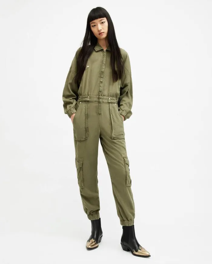 Frieda Relaxed Fit Denim Jumpsuit Khaki Green Women AllSaints Pants and Leggings Frieda Relaxed Fit Denim Jumpsuit Khaki Green Women AllSaints Pants and Leggings