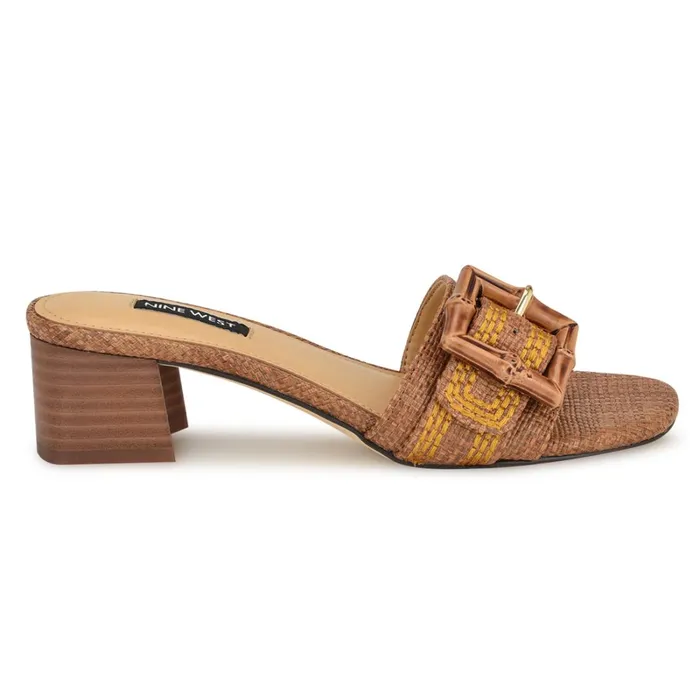 Garta Buckle Slide Sandals Brown Raffia Women Nine West Dress