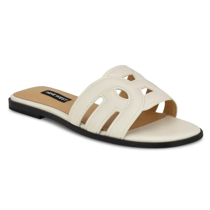 Geena Flat Slide Sandals White Women Nine West Flats Geena Flat Slide Sandals White Women Nine West Flats