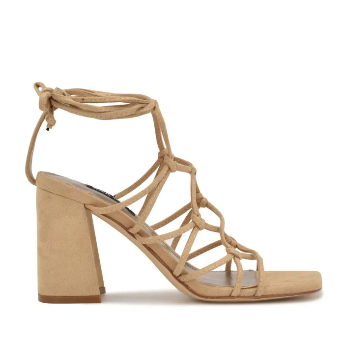 Glaven Ankle Wrap Sandals Tan Suede Women Nine West Heeled