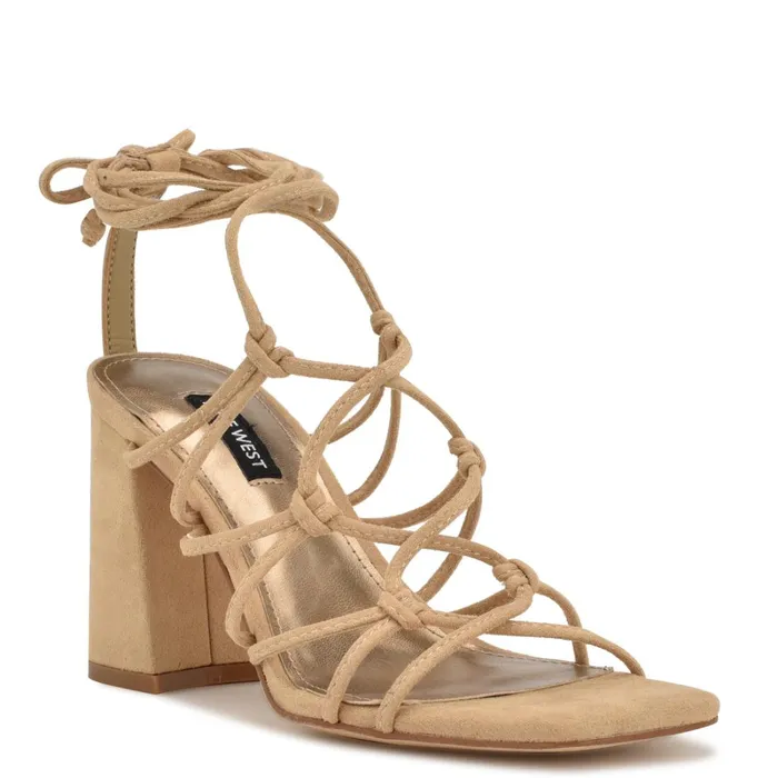 Glaven Ankle Wrap Sandals Tan Suede Women Nine West Heeled Glaven Ankle Wrap Sandals Tan Suede Women Nine West Heeled