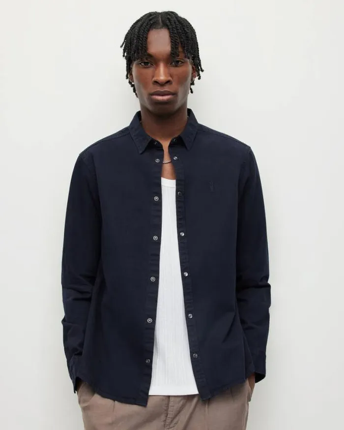 Gleason Press Stud Ramskull Denim Shirt Blue Black Men AllSaints Shirts