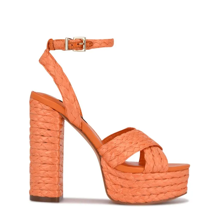 Hadyn Platform Sandals Vivid Orange Raffia Women Nine West Dress
