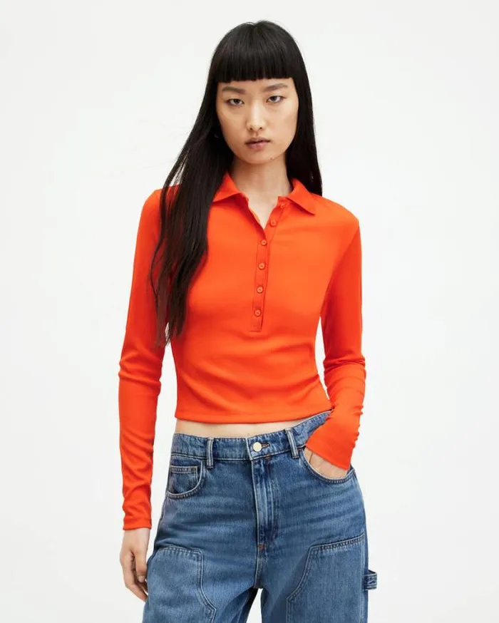 Hallie Long Sleeve Ribbed Polo Shirt Zesty Orange Women AllSaints Tops and Shirts