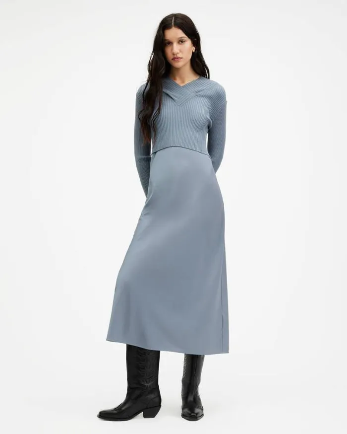 Hana 2In1 Slim Fit Midi Slip Dress Dark Denim Blue Women AllSaints Dresses