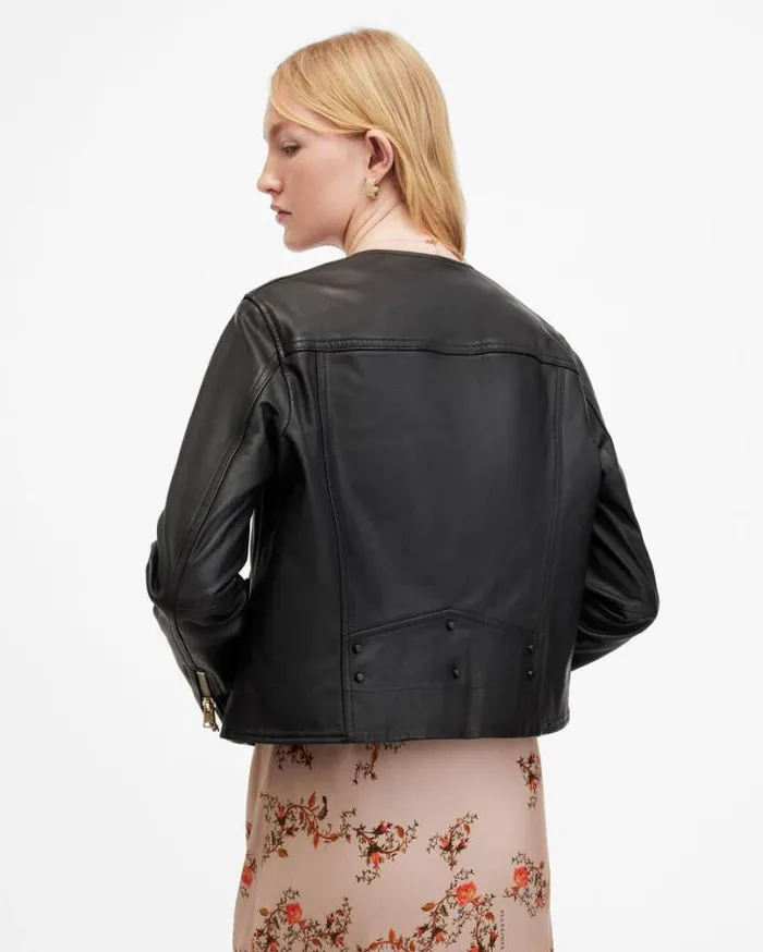 Harley Collarless Leather Biker Jacket Black Women AllSaints Jackets and Coats Harley Collarless Leather Biker Jacket Black Women AllSaints Jackets and Coats