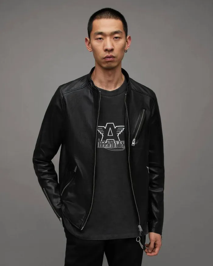 Harwood Leather Biker Jacket Black Men AllSaints Jackets and Coats