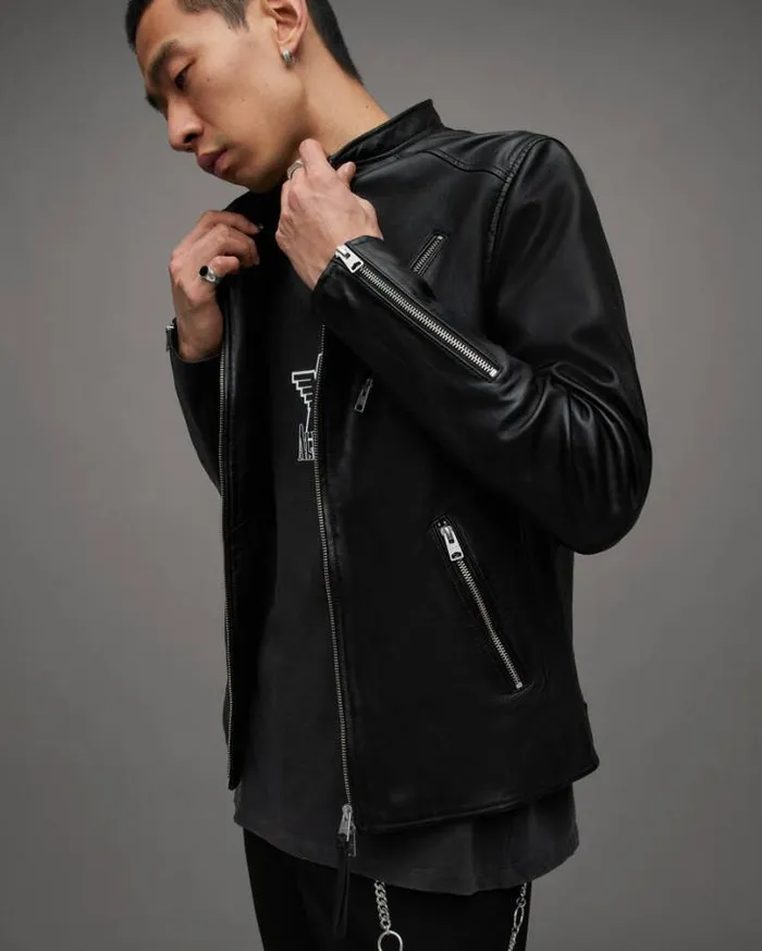 Harwood Leather Biker Jacket Black Men AllSaints Jackets and Coats