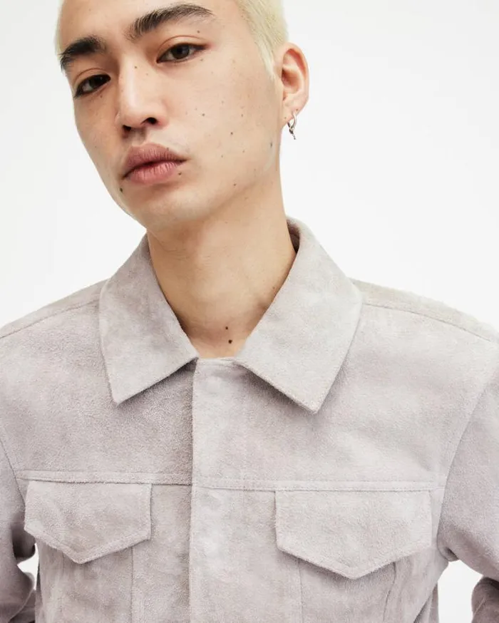 Hopper Buffed Suede Trucker Jacket Oatmeal White Men AllSaints Jackets and Coats Hopper Buffed Suede Trucker Jacket Oatmeal White Men AllSaints Jackets and Coats