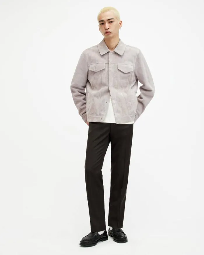 Hopper Buffed Suede Trucker Jacket Oatmeal White Men AllSaints Jackets and Coats Hopper Buffed Suede Trucker Jacket Oatmeal White Men AllSaints Jackets and Coats