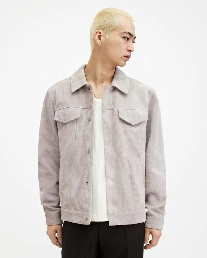 Hopper Buffed Suede Trucker Jacket Oatmeal White Men AllSaints Jackets and Coats Hopper Buffed Suede Trucker Jacket Oatmeal White Men AllSaints Jackets and Coats