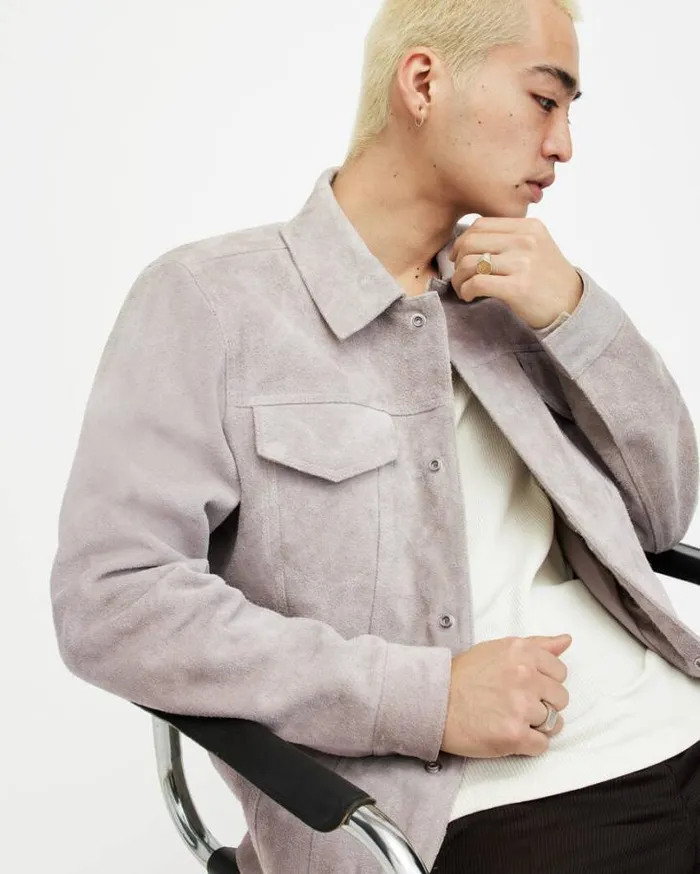 Hopper Buffed Suede Trucker Jacket Oatmeal White Men AllSaints Jackets and Coats Hopper Buffed Suede Trucker Jacket Oatmeal White Men AllSaints Jackets and Coats