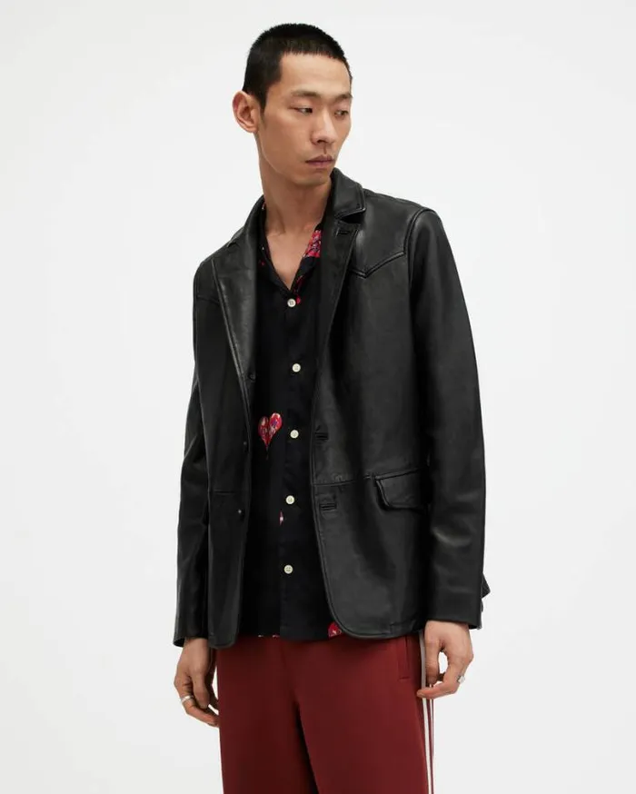 Hunter Leather Blazer Black Men AllSaints Jackets and Coats