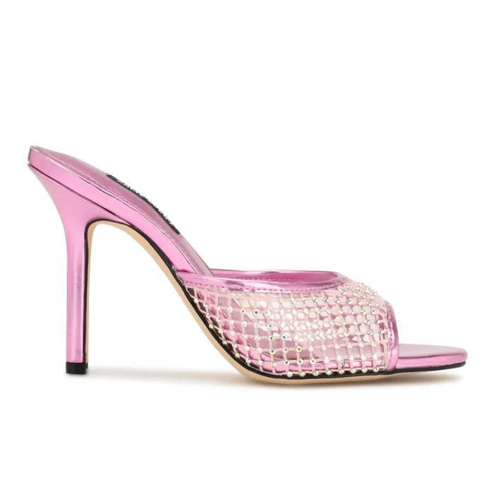 Iriep Heeled Slide Sandals Pink Metallic Mesh Women Nine West Dress