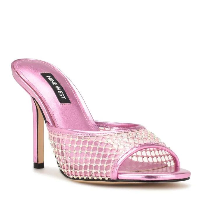 Iriep Heeled Slide Sandals Pink Metallic Mesh Women Nine West Heeled Iriep Heeled Slide Sandals Pink Metallic Mesh Women Nine West Heeled