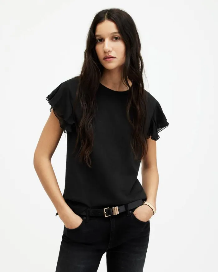 Isabel Frill Trim Short Sleeve TShirt Black Women AllSaints TShirts