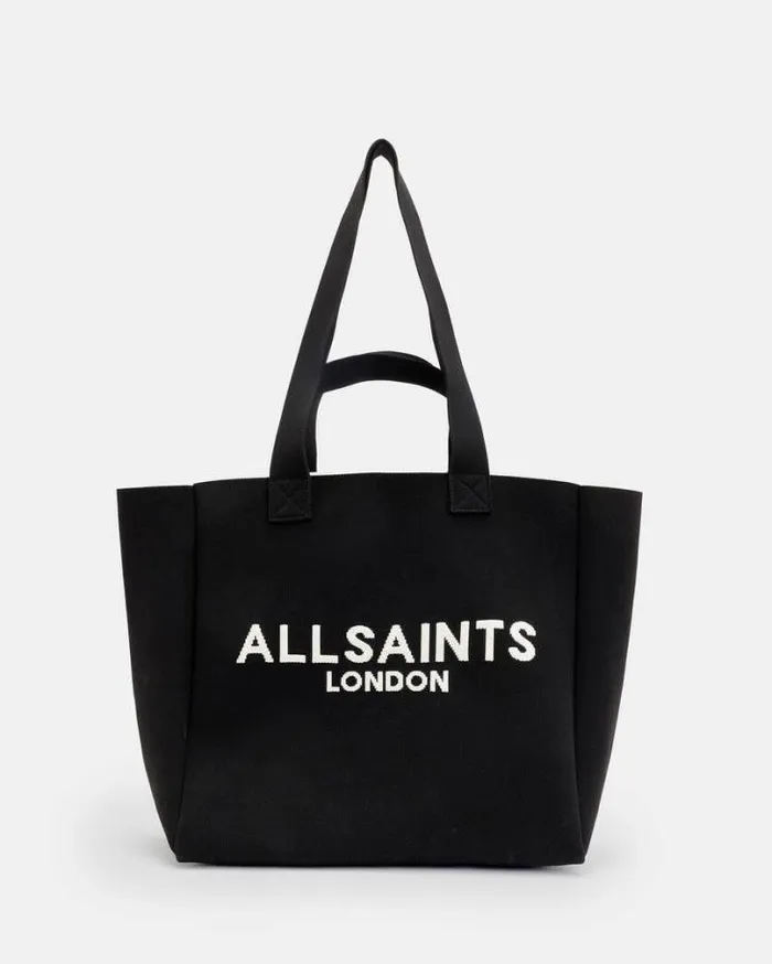 Izzy Logo Print Knitted Tote Bag Black Women AllSaints Handbags and Wallets