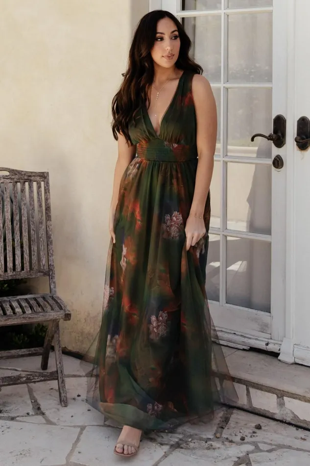 Kamila Tulle Maxi Dress Olive Multi Floral Women Baltic Born Wedding Guest