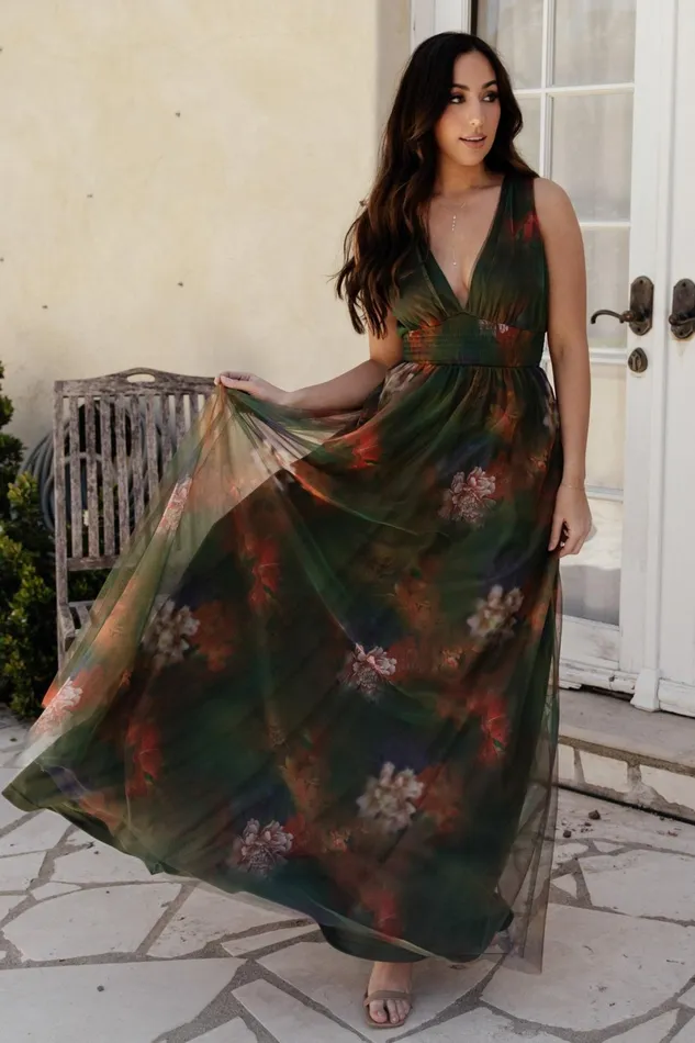 Kamila Tulle Maxi Dress Olive Multi Floral Women Baltic Born Wedding Guest