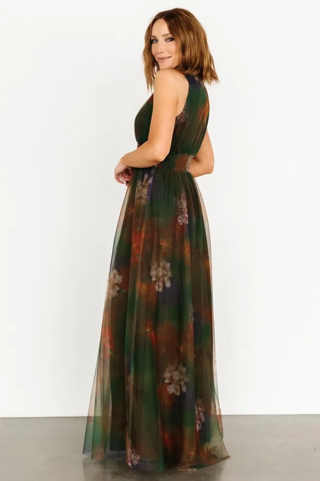 Kamila Tulle Maxi Dress Olive Multi Floral Women Baltic Born Wedding Guest