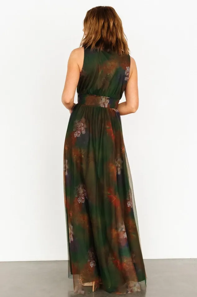 Kamila Tulle Maxi Dress Olive Multi Floral Women Baltic Born Wedding Guest