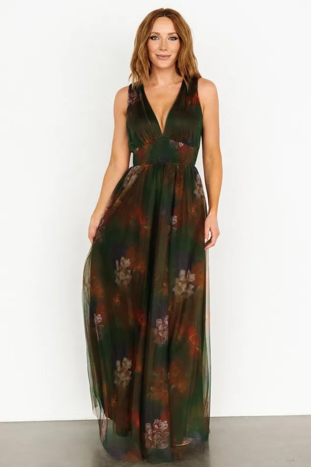 Kamila Tulle Maxi Dress Olive Multi Floral Women Baltic Born Wedding Guest
