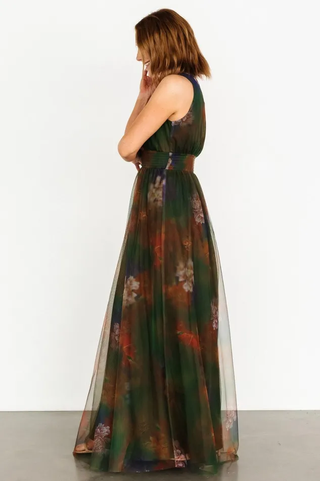 Kamila Tulle Maxi Dress Olive Multi Floral Women Baltic Born Wedding Guest