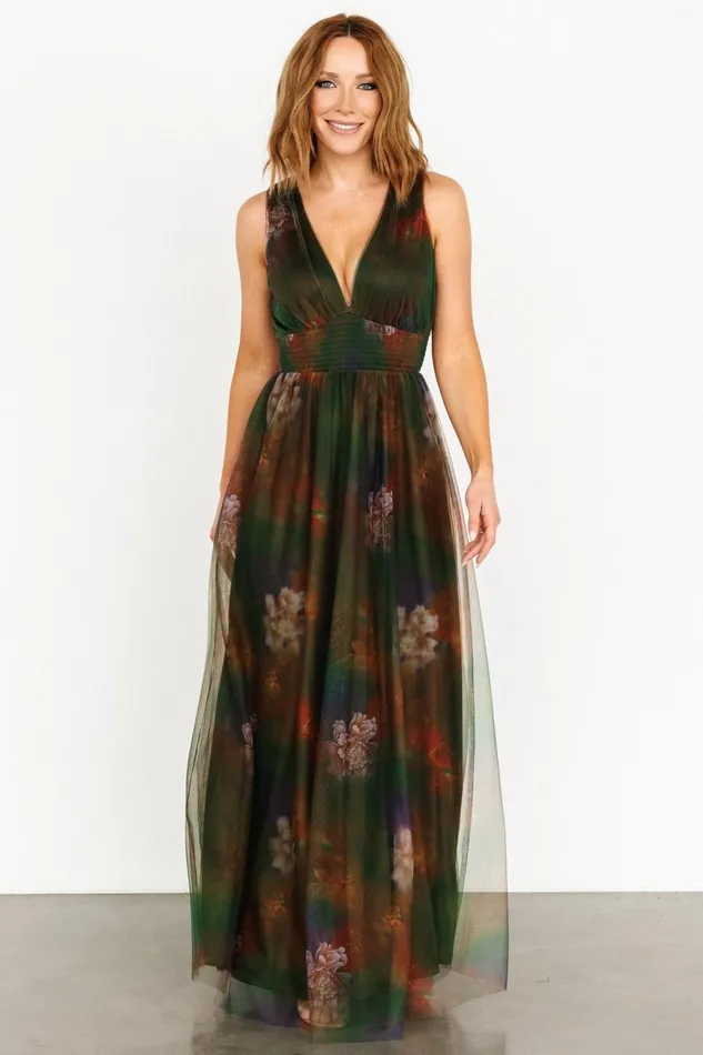Kamila Tulle Maxi Dress Olive Multi Floral Women Baltic Born Wedding Guest