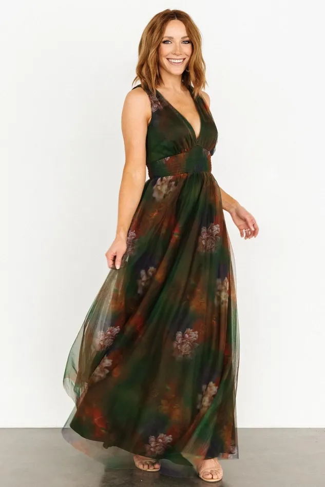 Kamila Tulle Maxi Dress Olive Multi Floral Women Baltic Born Wedding Guest
