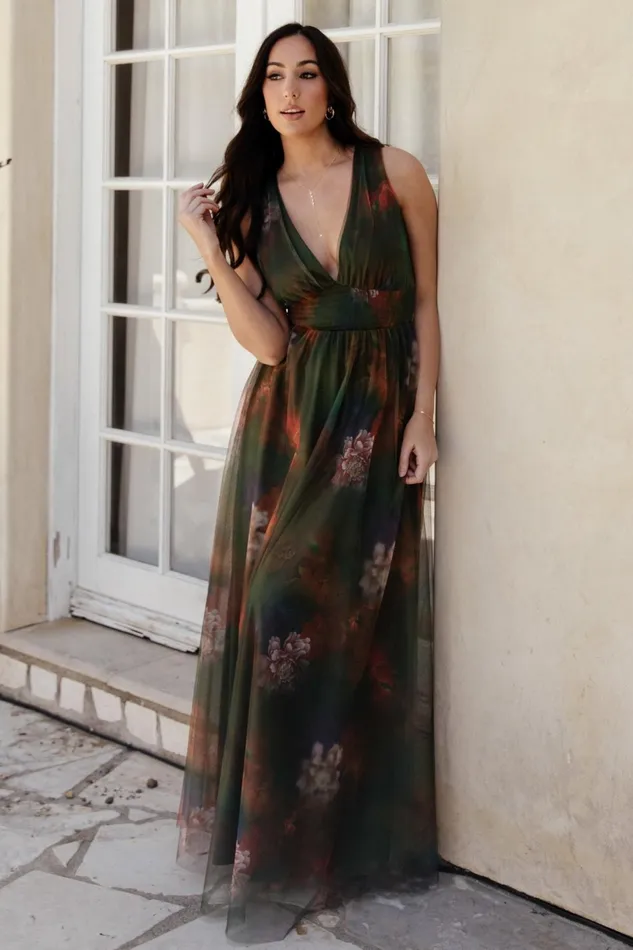 Kamila Tulle Maxi Dress Olive Multi Floral Women Baltic Born Wedding Guest