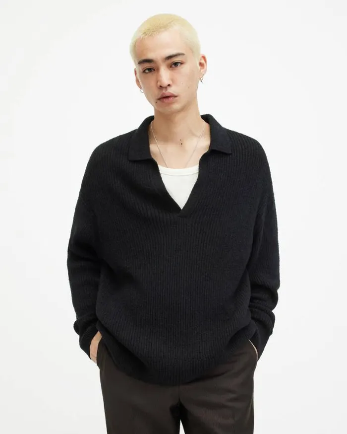 Kanyon Long Sleeve Ribbed Polo Shirt Black Men AllSaints Sweaters