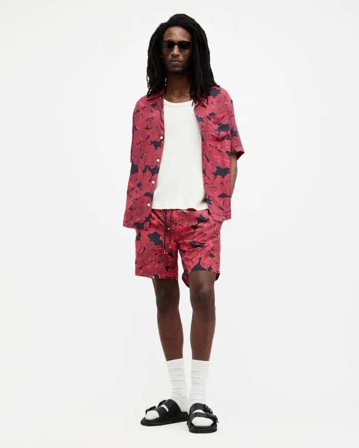 Kaza Elasticated Waist Floral Swimshorts Jet Blkred Men AllSaints Swimwear and Beachwear