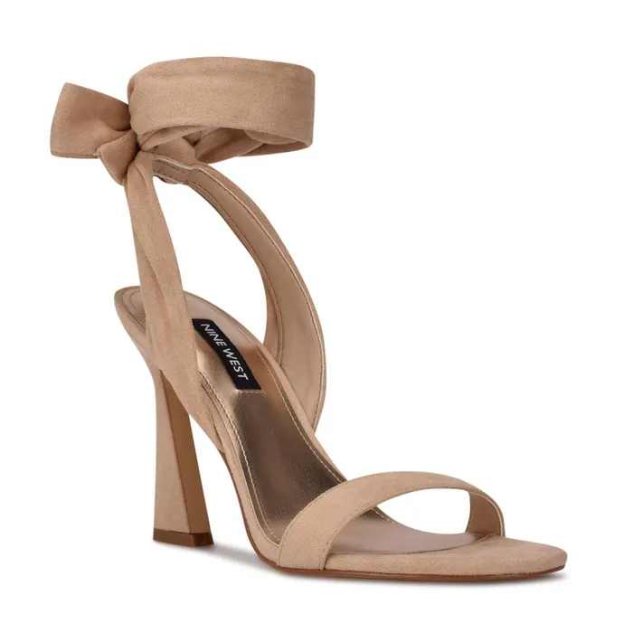 Kelsie Ankle Wrap Heeled Sandals Beige Suede Women Nine West Heeled Kelsie Ankle Wrap Heeled Sandals Beige Suede Women Nine West Heeled