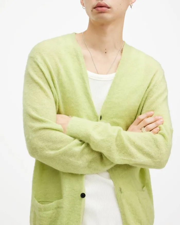 Kennedy VNeck Brushed Cardigan Light Green Men AllSaints Sweaters