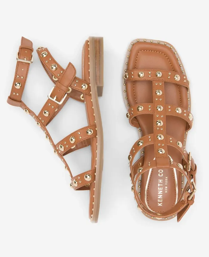 Kenneth Cole Sandals and Wedges Women Ruby Studded Gladiator Flat Sandal Cognac Kenneth Cole Sandals and Wedges Women Ruby Studded Gladiator Flat Sandal Cognac