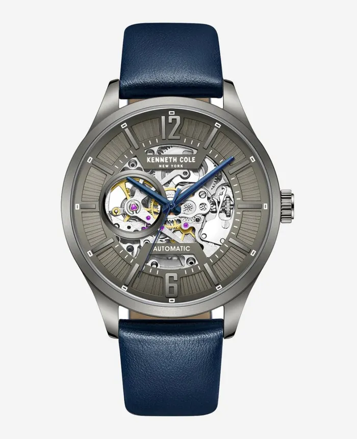 Kenneth Cole Watches Men Automatic Skeleton Leather Strap Watch Blue