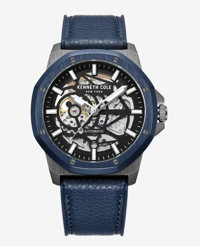 Kenneth Cole Watches Men Automatic TwoTone Leather Strap Watch Blue