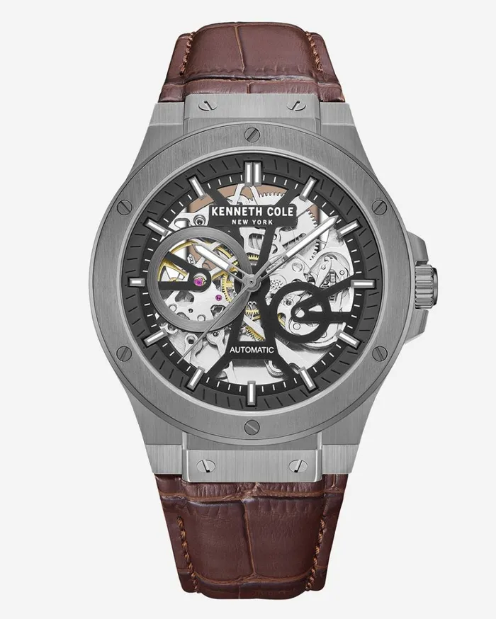 Kenneth Cole Watches Men Kenneth Cole New York Automatic Gunmetal Watch With Brown Leather Strap Brown Kenneth Cole Watches Men Kenneth Cole New York Automatic Gunmetal Watch With Brown Leather Strap Brown