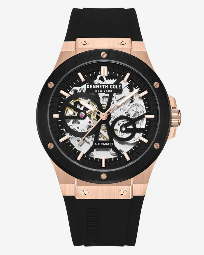 Kenneth Cole Watches Men Kenneth Cole New York Automatic TwoTone Stainless Steel Watch With Black Leather Strap Black Kenneth Cole Watches Men Kenneth Cole New York Automatic TwoTone Stainless Steel Watch With Black Leather Strap Black