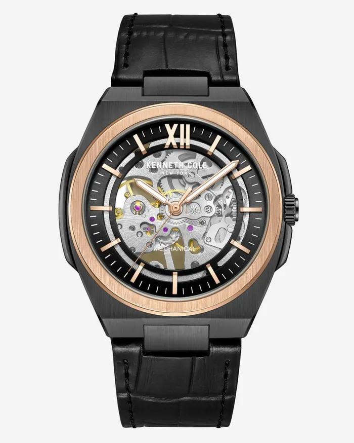 Kenneth Cole Watches Men Skeleton Mechanical TwoTone Leather Strap Watch Black