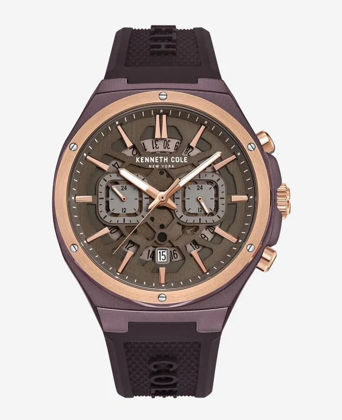 Kenneth Cole Watches Men Skeleton MultiFunction Silicone Strap Watch Brown Dark