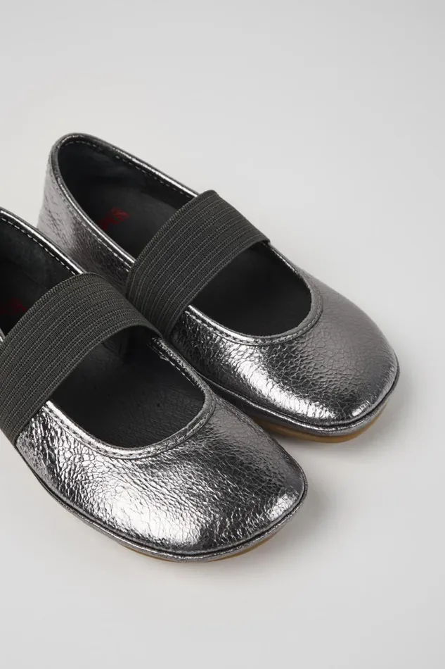 Kids Camper Ballerinas Right Metallic Grey Leather Ballerinas For Kids