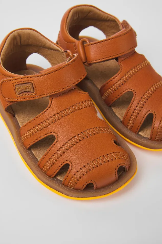 Kids Camper Hook And Loop Bicho Brown Leather Sandals For Kids