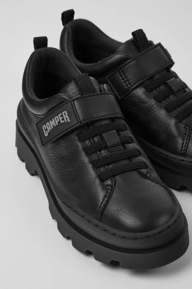 Kids Camper Hook And Loop Brutus Black Leather Shoes For Kids