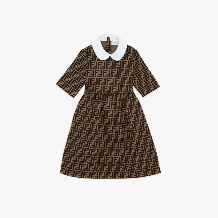 Kids Junior Fabric Dress With AllOver Fendi Logo White Fendi Ready To Wear